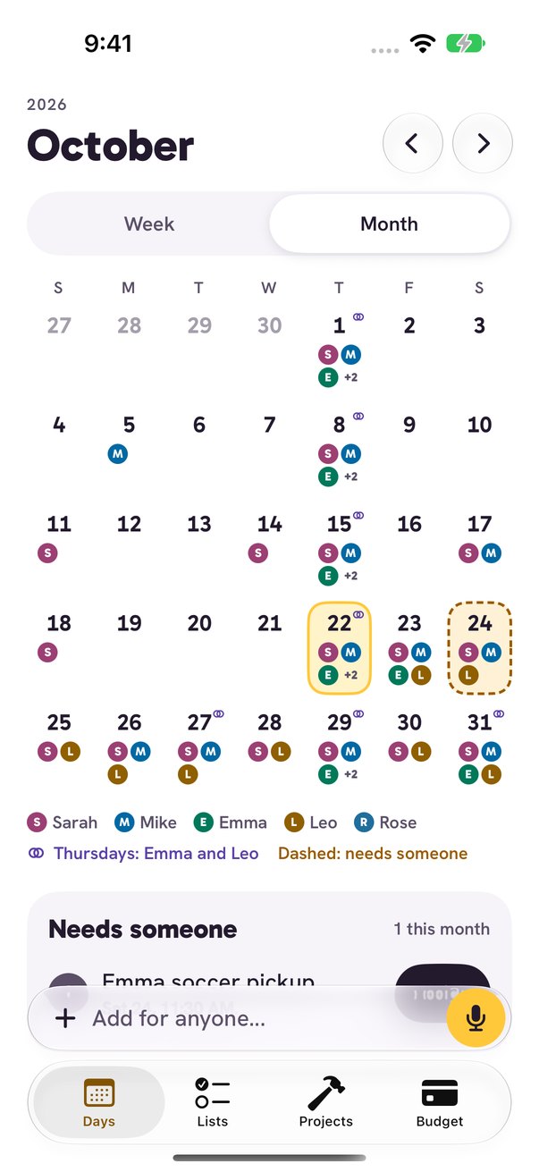 Month view with colored dots for each person